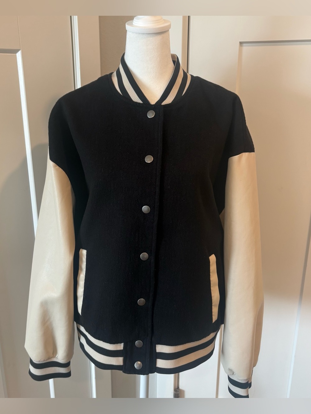 Steve Madden Black and Cream Women's Varsity Jacket